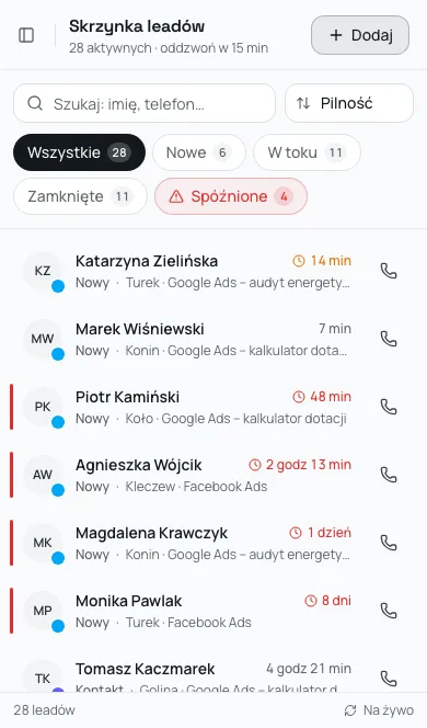 Skrzynka zapytań na telefonie (dane przykładowe): lista zgłoszeń z licznikami czasu i przyciskiem połączenia